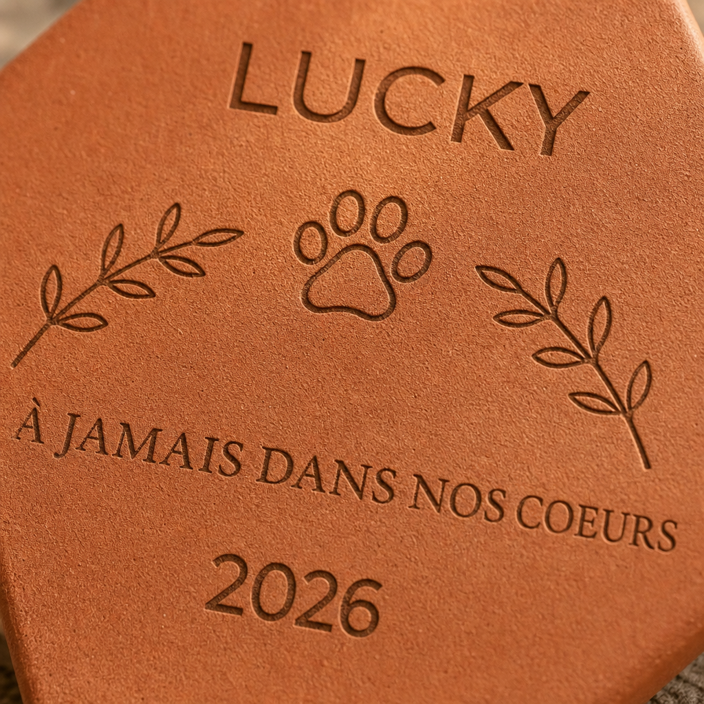 Souvenir chien décédé, tomette hexagonale personnalisée en terre cuite de Salernes gravée au laser.