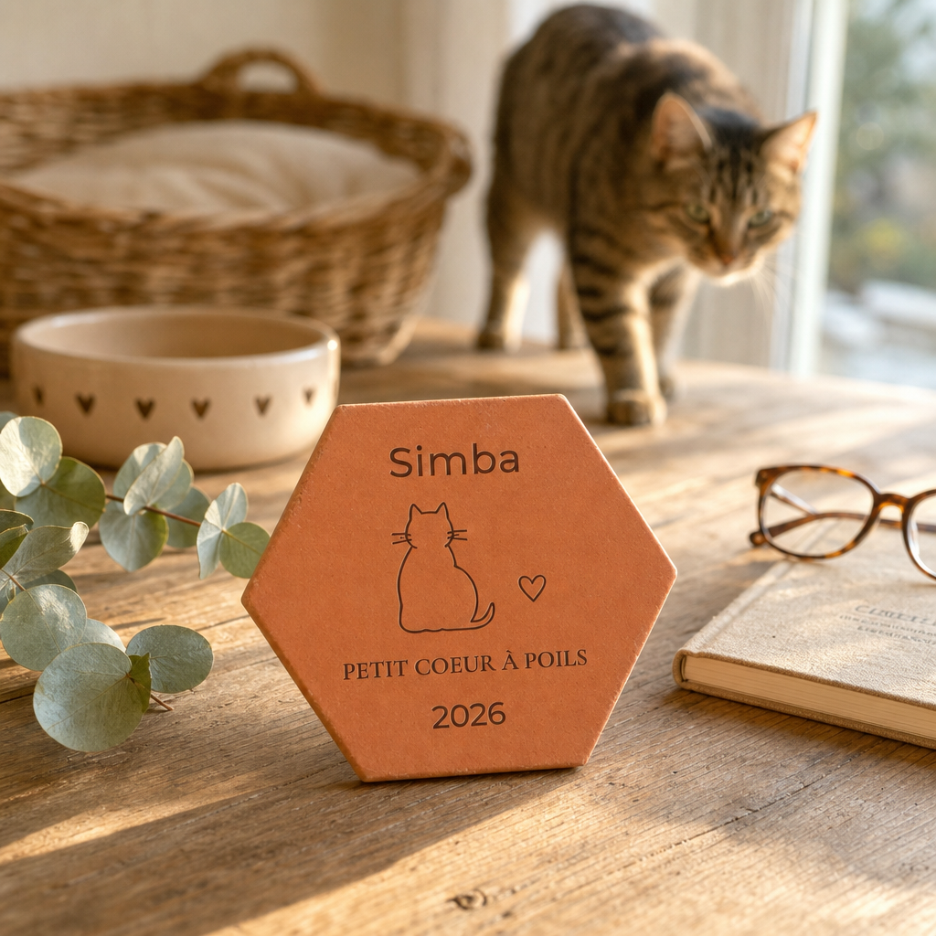 Cadeau adoption chat : tomette hexagonale personnalisée en terre cuite de Salernes gravée au laser.