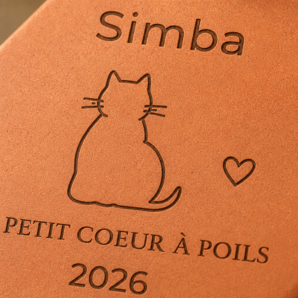 Cadeau adoption chat : tomette hexagonale personnalisée en terre cuite de Salernes gravée au laser.
