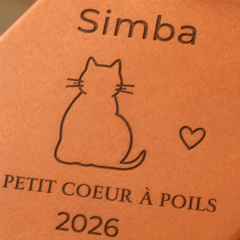 Gros plan sur Simba, la silhouette du chat et le petit cœur gravés.