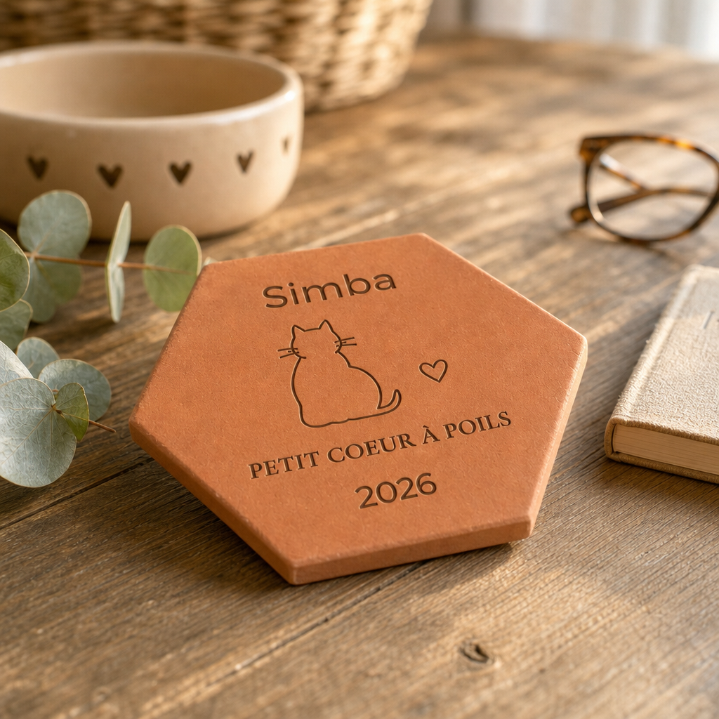 Cadeau adoption chat : tomette hexagonale personnalisée en terre cuite de Salernes gravée au laser.