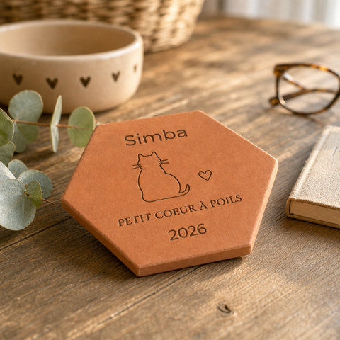 Tomette personnalisée Simba, silhouette de chat et « Petit cœur à poils » gravés, posée à plat près d’une tasse à cœurs, de lunettes et d’un livre.