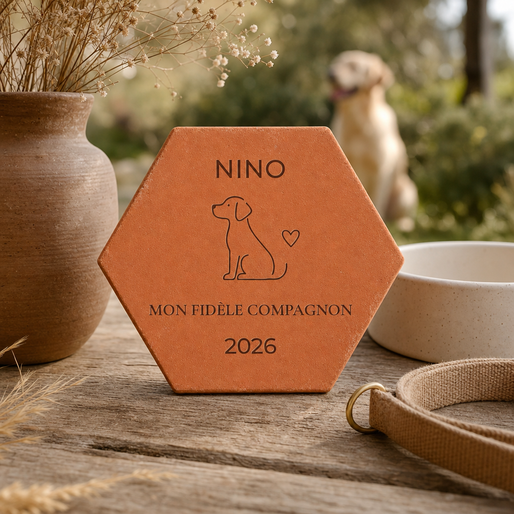 Cadeau maître de chien, tomette hexagonale personnalisée en terre cuite de Salernes gravée au laser.