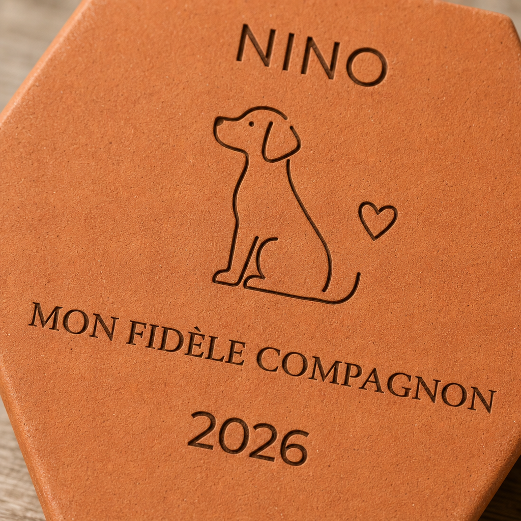 Cadeau maître de chien, tomette hexagonale personnalisée en terre cuite de Salernes gravée au laser.