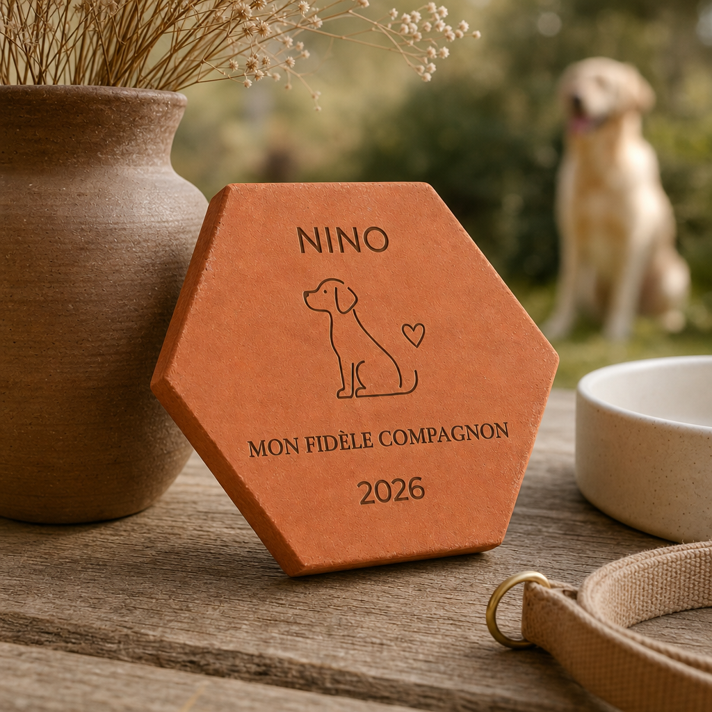 Cadeau maître de chien, tomette hexagonale personnalisée en terre cuite de Salernes gravée au laser.