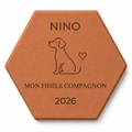 Cadeau maître de chien, tomette hexagonale personnalisée en terre cuite de Salernes gravée au laser.