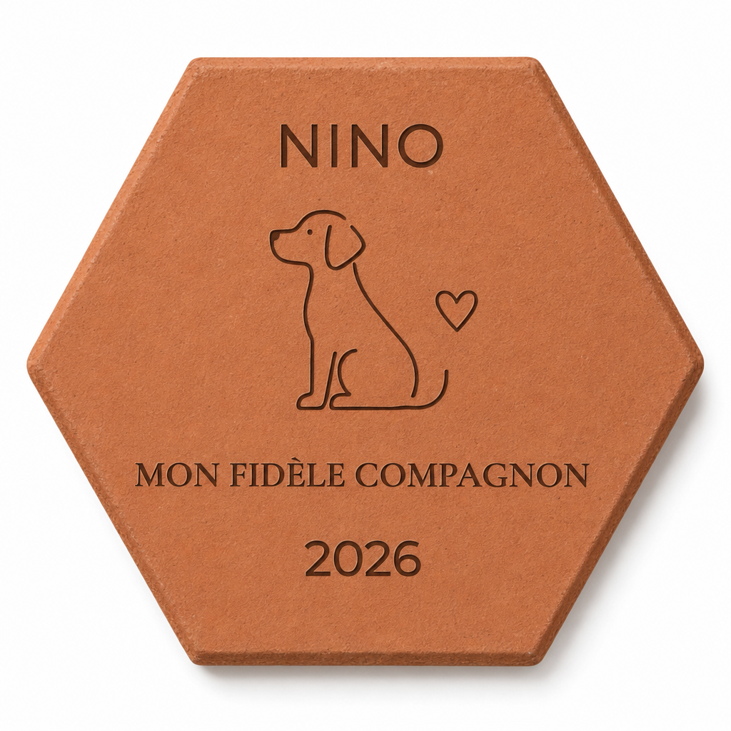 Cadeau maître de chien, tomette hexagonale personnalisée en terre cuite de Salernes gravée au laser.