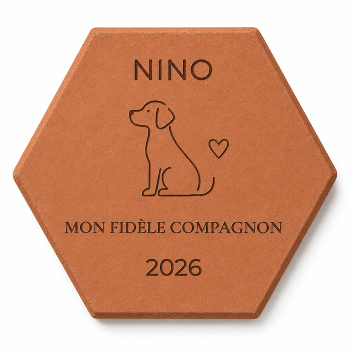 Cadeau maître de chien, tomette hexagonale personnalisée en terre cuite de Salernes gravée au laser.