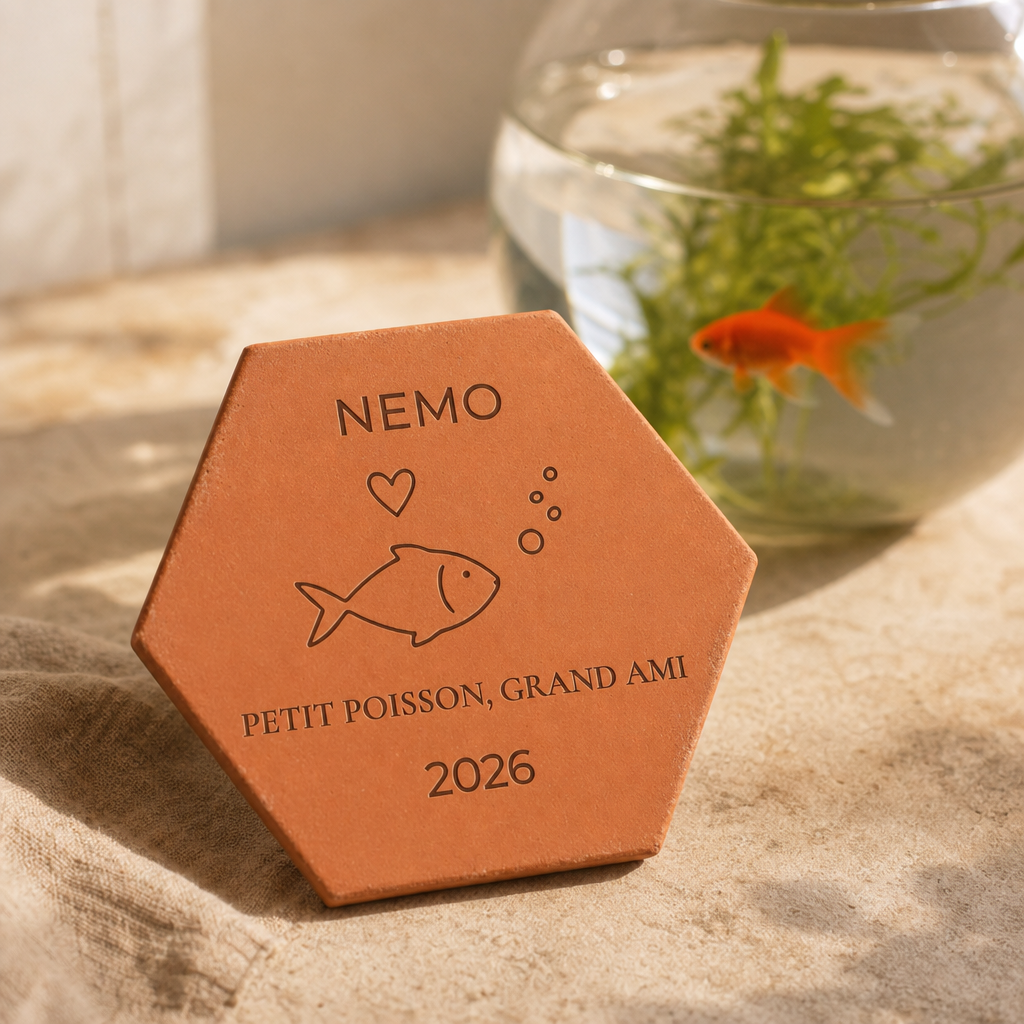 Cadeau souvenir pour petit poisson, tomette hexagonale personnalisée en terre cuite de Salernes gravée au laser.