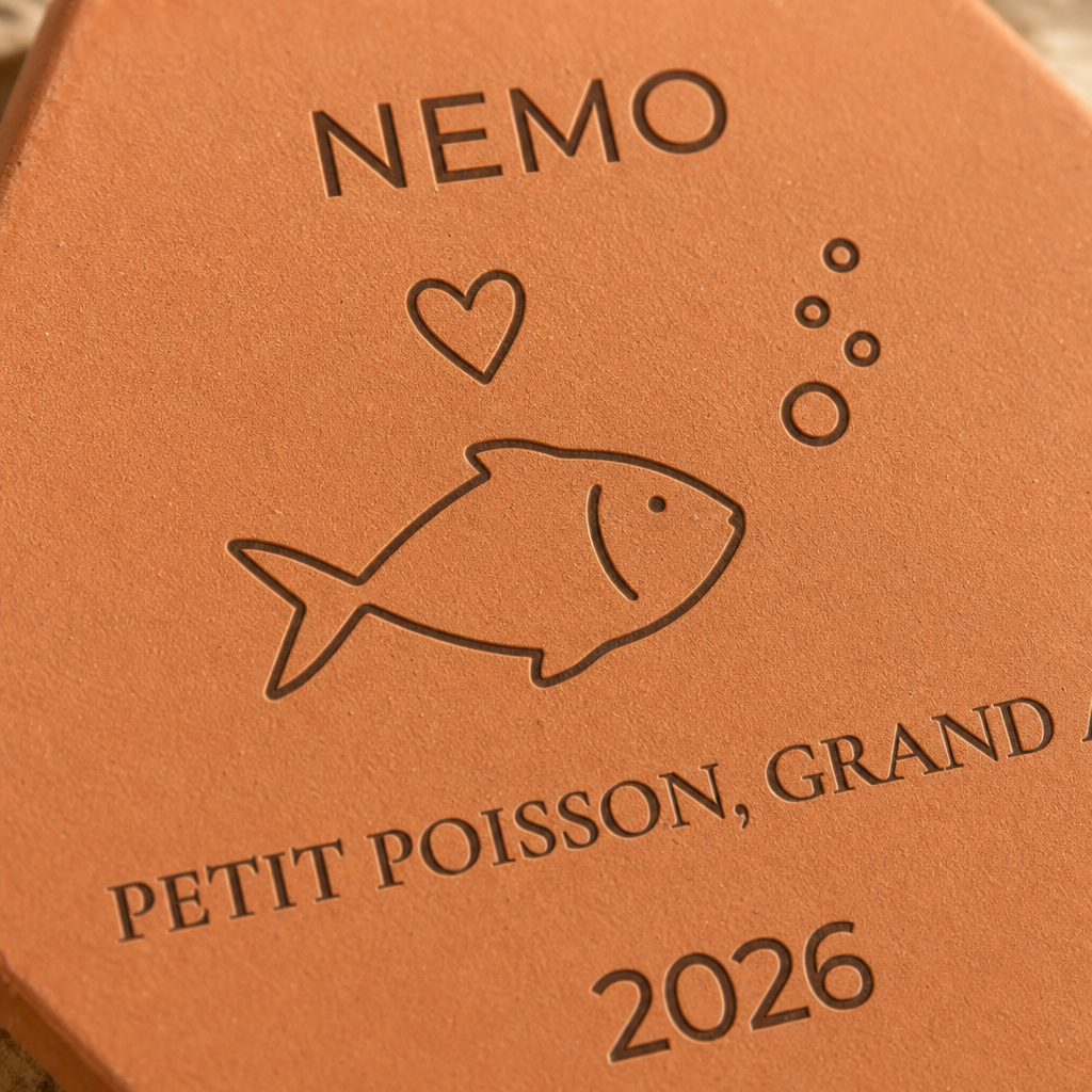 Cadeau souvenir pour petit poisson, tomette hexagonale personnalisée en terre cuite de Salernes gravée au laser.
