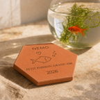 Cadeau souvenir pour petit poisson, tomette hexagonale personnalisée en terre cuite de Salernes gravée au laser.