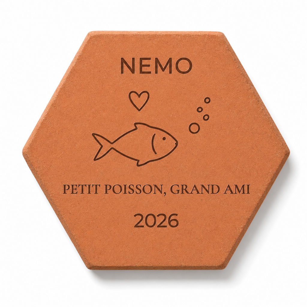 Cadeau souvenir pour petit poisson, tomette hexagonale personnalisée en terre cuite de Salernes gravée au laser.