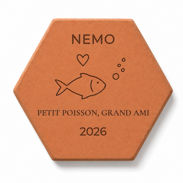 Cadeau souvenir pour petit poisson, tomette hexagonale personnalisée en terre cuite de Salernes gravée au laser.