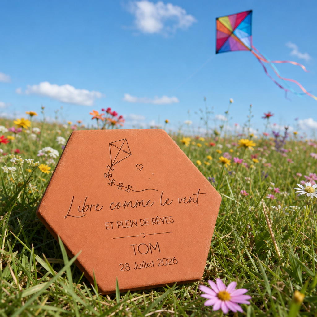 Naissance : tomette hexagonale personnalisée en terre cuite de Salernes gravée au laser, dans l’herbe