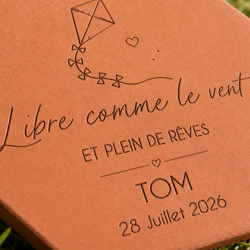 Naissance : tomette hexagonale personnalisée en terre cuite de Salernes gravée au laser, dans l’herbe