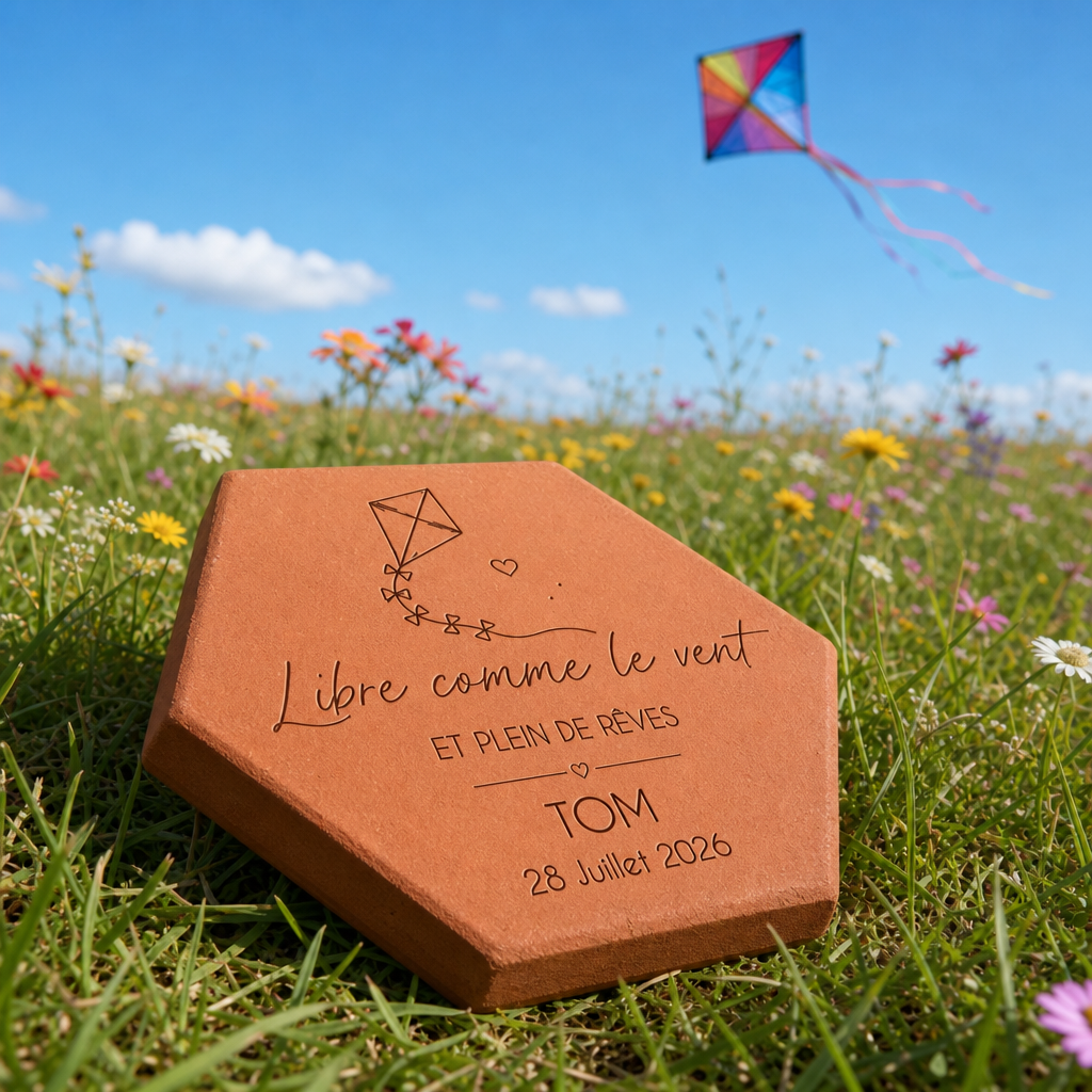 Naissance : tomette hexagonale personnalisée en terre cuite de Salernes gravée au laser, dans l’herbe