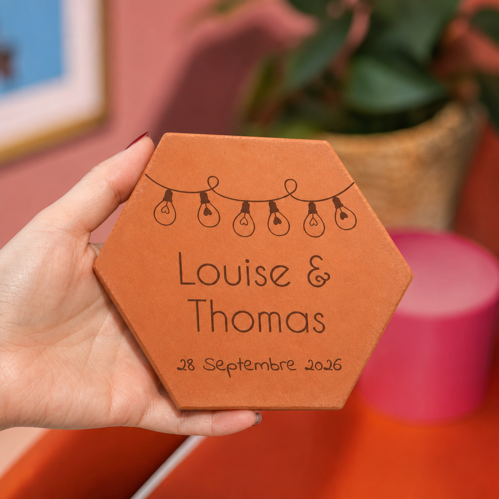 Mariage : tomette hexagonale personnalisée, terre cuite de Salernes gravée au laser, tenue dans une main de femme.