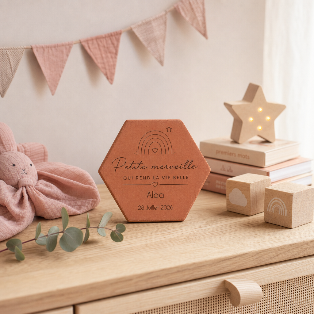 Cadeau naissance bébé : tomette hexagonale personnalisée, terre cuite de Salernes gravée au laser.