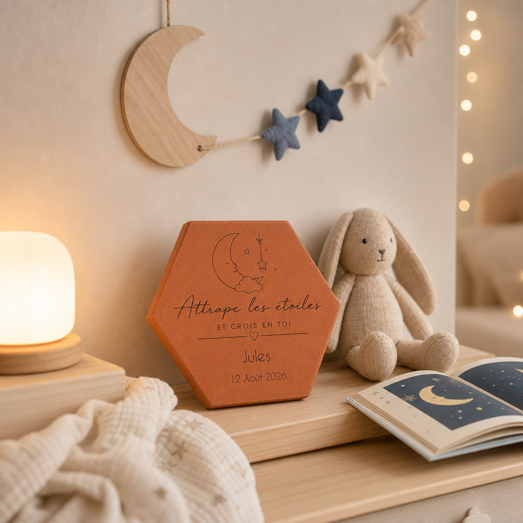 Cadeau de naissance avec tomette hexagonale personnalisée, terre cuite de Salernes gravée au laser dans une chambre bébé.