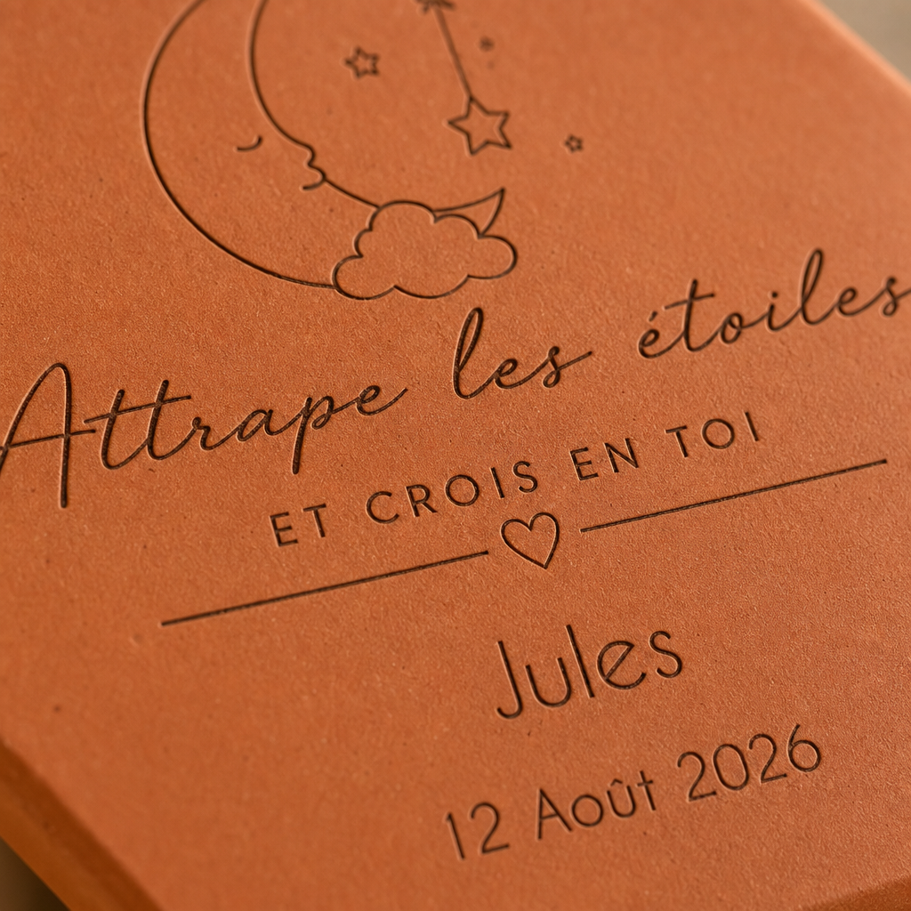 Cadeau de naissance avec tomette hexagonale personnalisée, terre cuite de Salernes gravée au laser dans une chambre bébé.