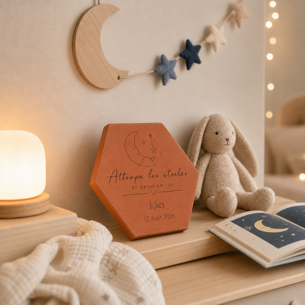 Cadeau de naissance avec tomette hexagonale personnalisée, terre cuite de Salernes gravée au laser dans une chambre bébé.