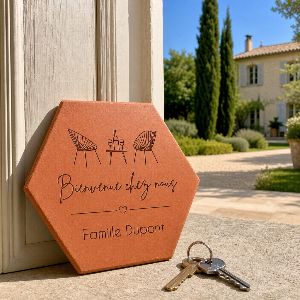 Cadeau crémaillère avec tomette hexagonale personnalisée, terre cuite de Salernes gravée au laser, terrasse et maison provençale floutées.