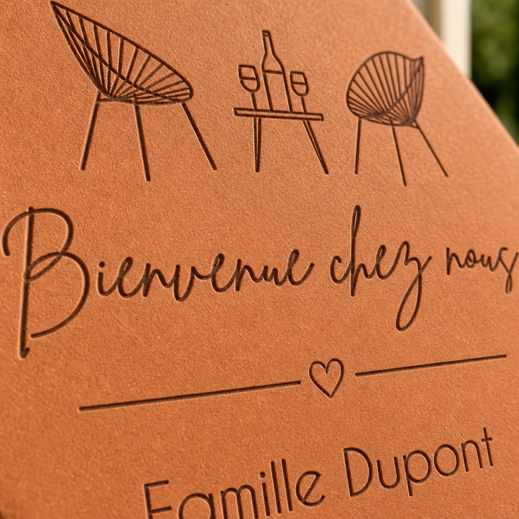 Cadeau crémaillère avec tomette hexagonale personnalisée, terre cuite de Salernes gravée au laser, terrasse et maison provençale floutées.