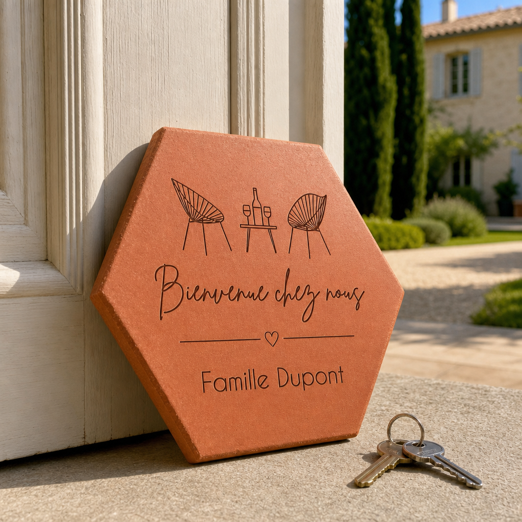 Cadeau crémaillère avec tomette hexagonale personnalisée, terre cuite de Salernes gravée au laser, terrasse et maison provençale floutées.