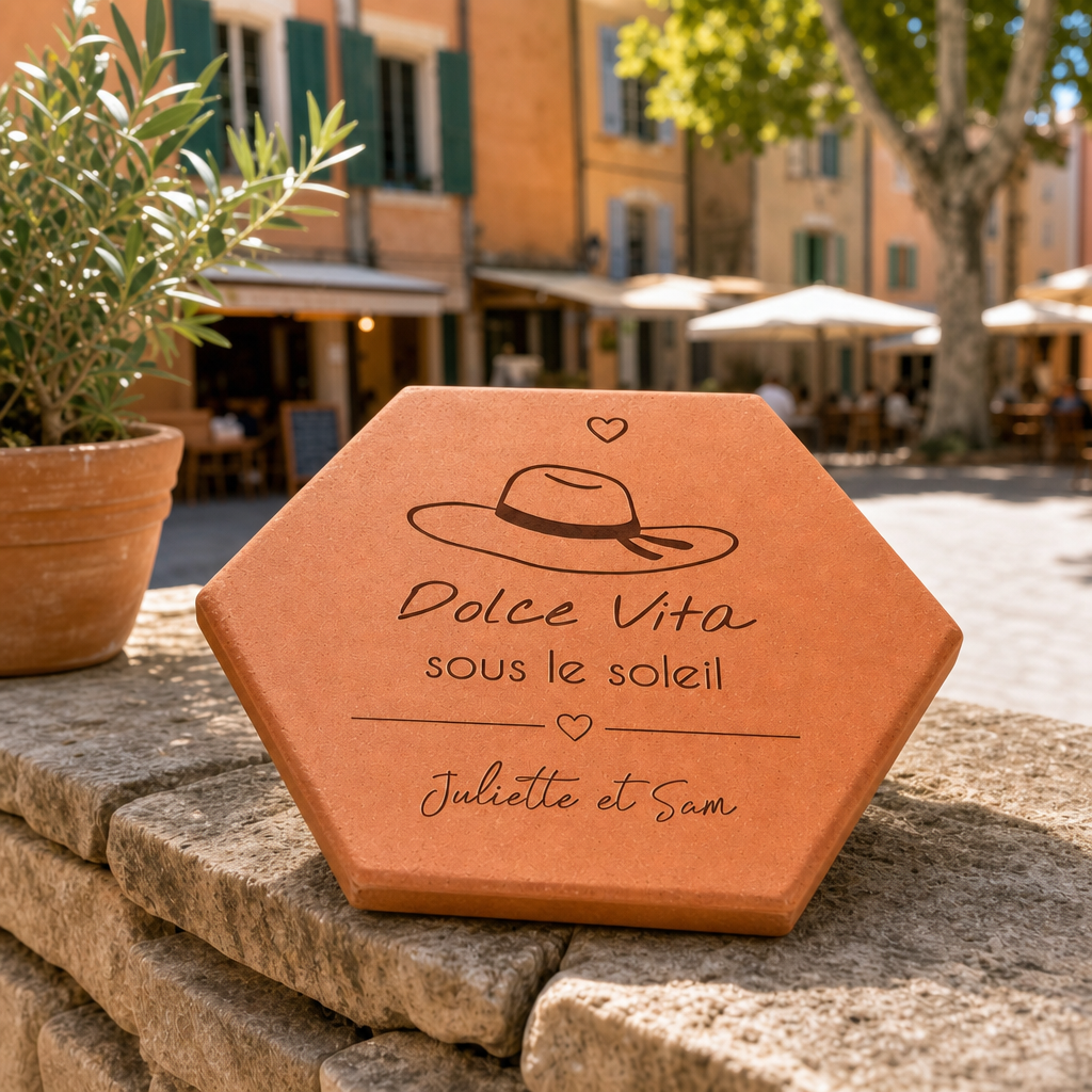 Cadeau souvenir de Provence, tomette hexagonale personnalisée en terre cuite de Salernes gravée au laser, en fond une place provençale.