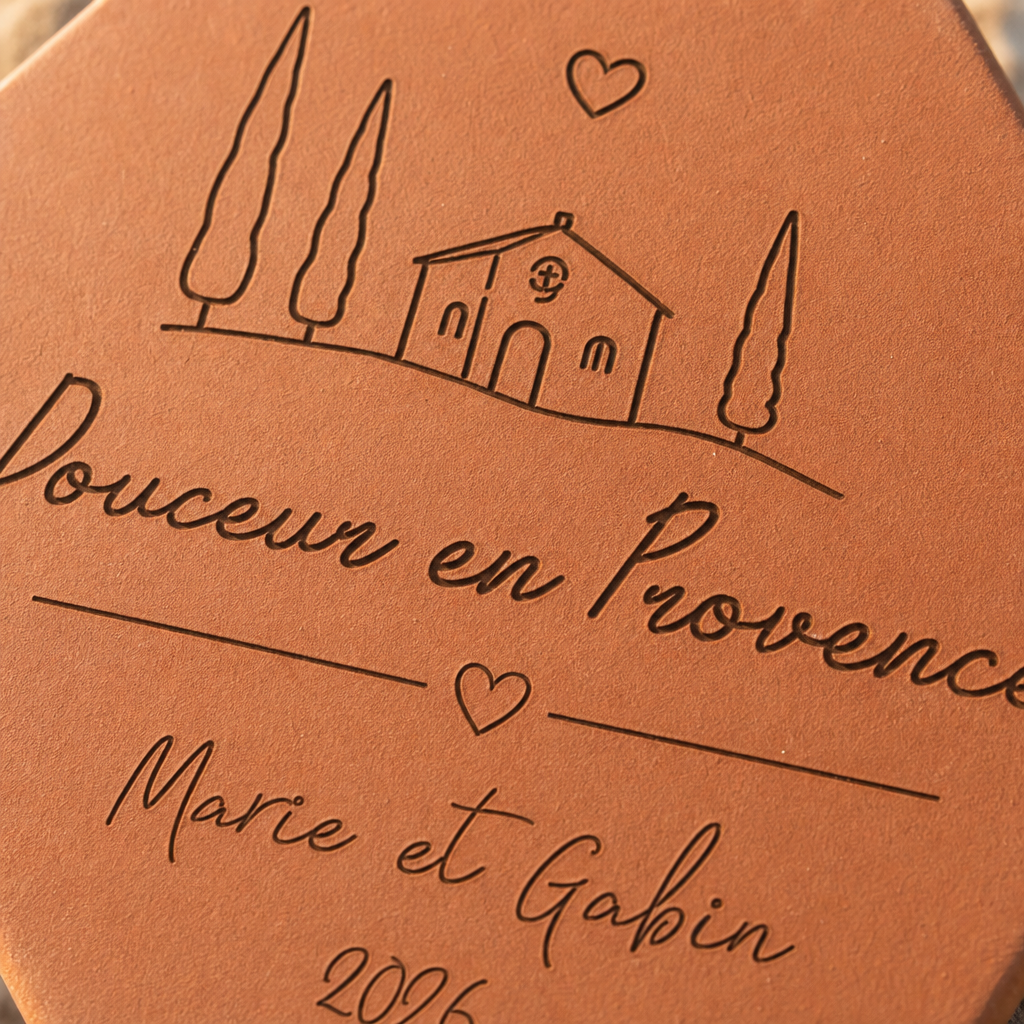 Cadeau d'été au soleil, tomette hexagonale personnalisée en terre cuite de Salernes gravée au laser.