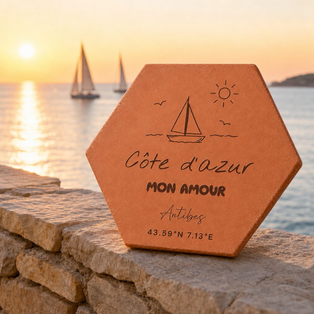 Souvenir de Provence : tomette hexagonale personnalisée, terre cuite de Salernes gravée au laser.