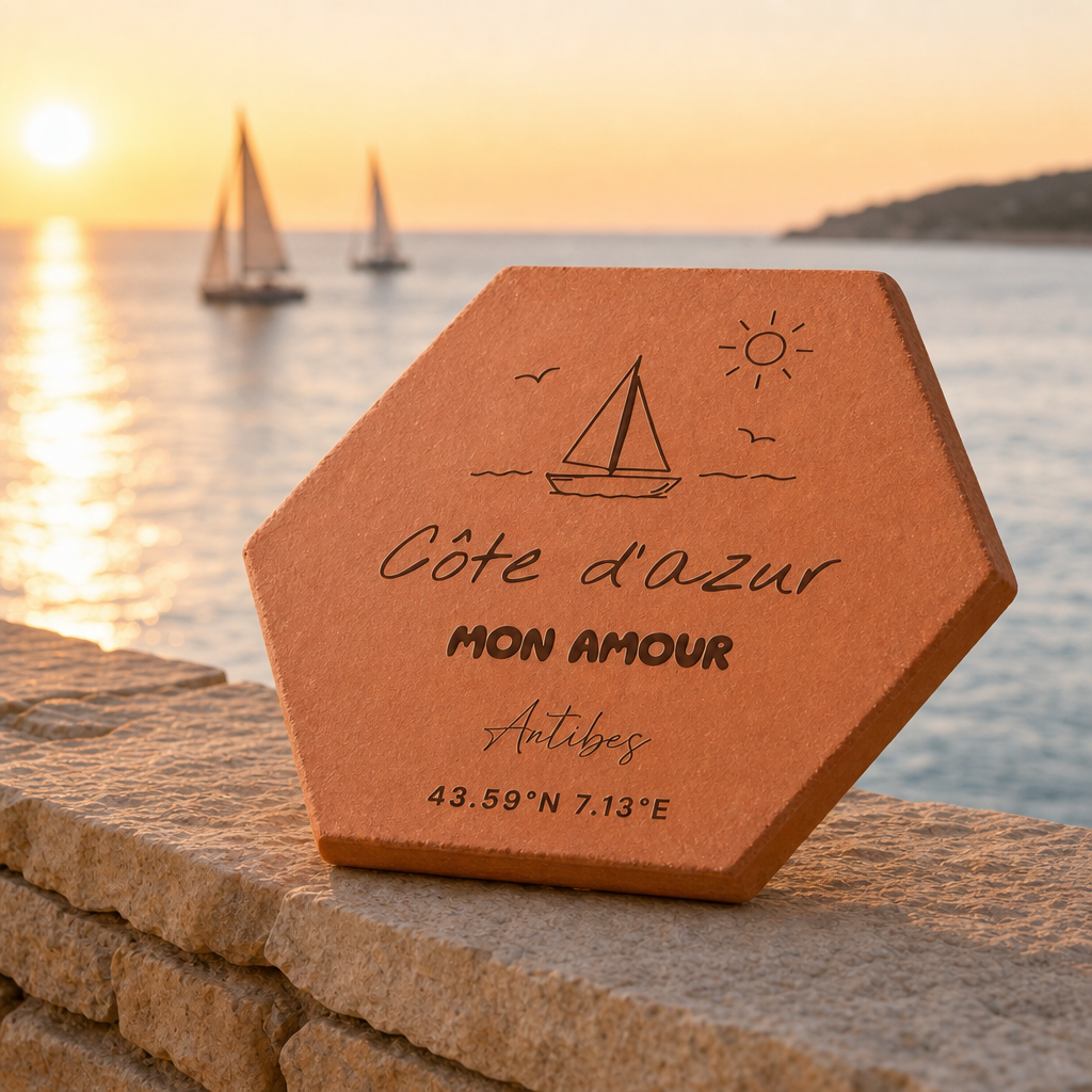 Souvenir de Provence : tomette hexagonale personnalisée, terre cuite de Salernes gravée au laser.