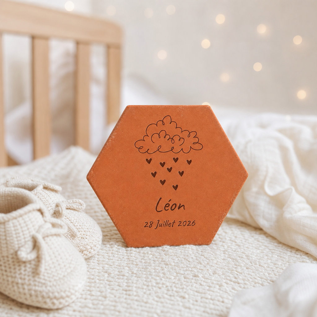 Naissance : tomette hexagonale personnalisée en terre cuite de Salernes gravée au laser, dans une chambre douce.