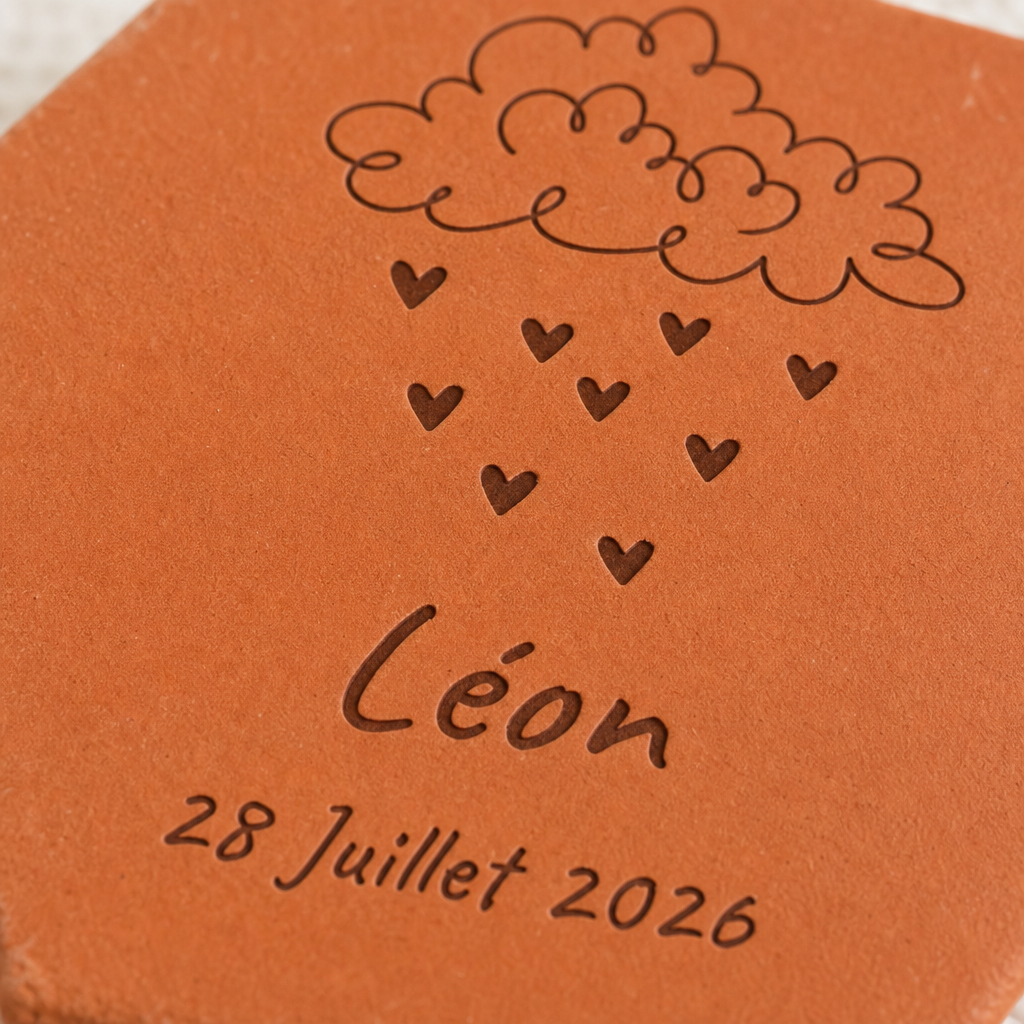 Naissance : tomette hexagonale personnalisée en terre cuite de Salernes gravée au laser, dans une chambre douce.