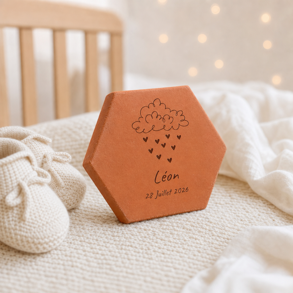 Naissance : tomette hexagonale personnalisée en terre cuite de Salernes gravée au laser, dans une chambre douce.
