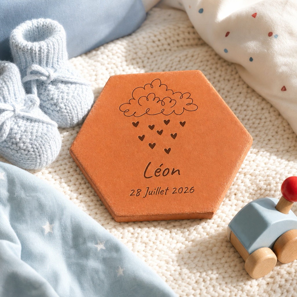 Naissance bébé : tomette hexagonale personnalisée, terre cuite de Salernes gravée au laser, en chambre d'enfant.