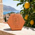 Souvenir de voyage sur terrasse italienne, tomette hexagonale personnalisée en terre cuite de Salernes gravée au laser.