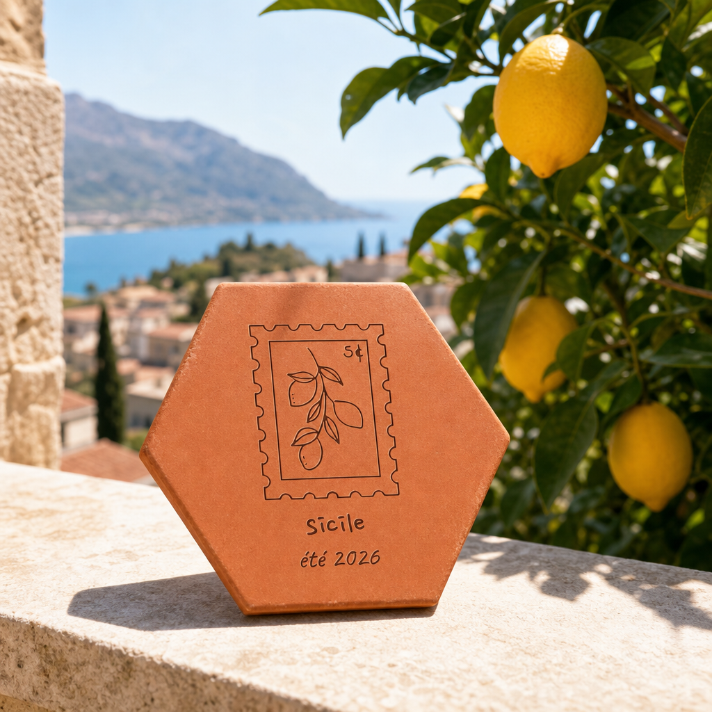 Souvenir de voyage sur terrasse italienne, tomette hexagonale personnalisée en terre cuite de Salernes gravée au laser.