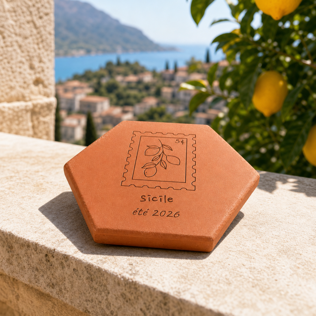 Souvenir de voyage sur terrasse italienne, tomette hexagonale personnalisée en terre cuite de Salernes gravée au laser.