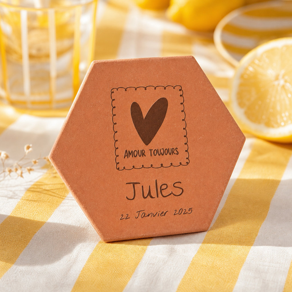 Naissance : tomette hexagonale personnalisée en terre cuite de Salernes gravée au laser, posée sur une table d'été solaire aux rayures jaunes.