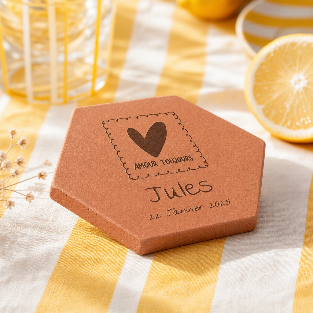 Naissance : tomette hexagonale personnalisée en terre cuite de Salernes gravée au laser, posée sur une table d'été solaire aux rayures jaunes.