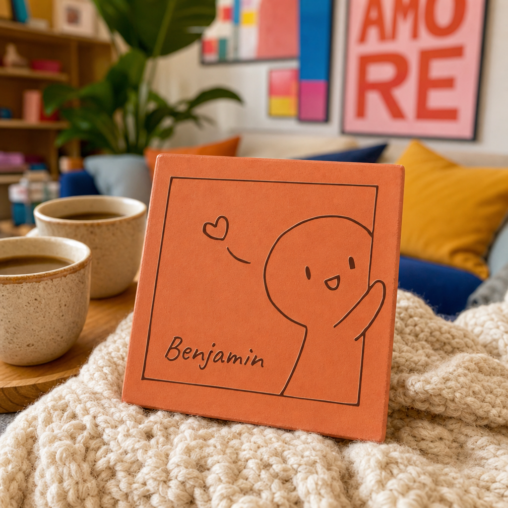 Cadeau Saint-Valentin en duo, tomette hexagonale personnalisée en terre cuite de Salernes gravée au laser.