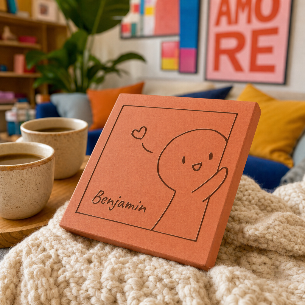 Cadeau Saint-Valentin en duo, tomette hexagonale personnalisée en terre cuite de Salernes gravée au laser.