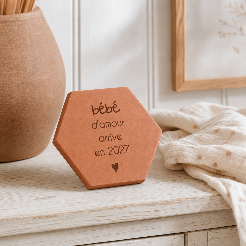 Annonce naissance : tomette hexagonale personnalisée, terre cuite de Salernes gravée au laser, en mains lors d'une fête de famille.