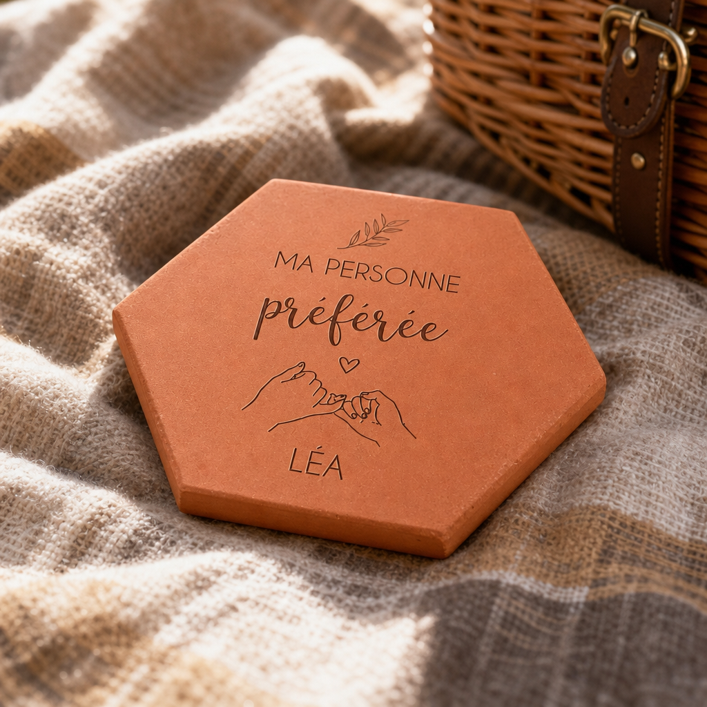 Cadeau meilleure amie Personne préfére, tomette hexagonale en terre cuite de Salernes gravée au laser
