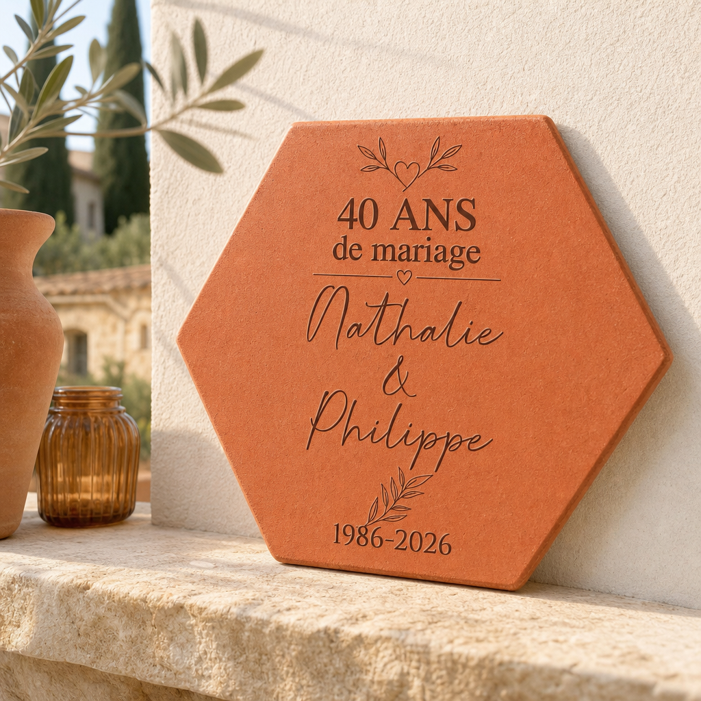 Cadeau mariage personnalisé Anniversaire de mariage, tomette hexagonale en terre cuite de Salernes gravée au laser