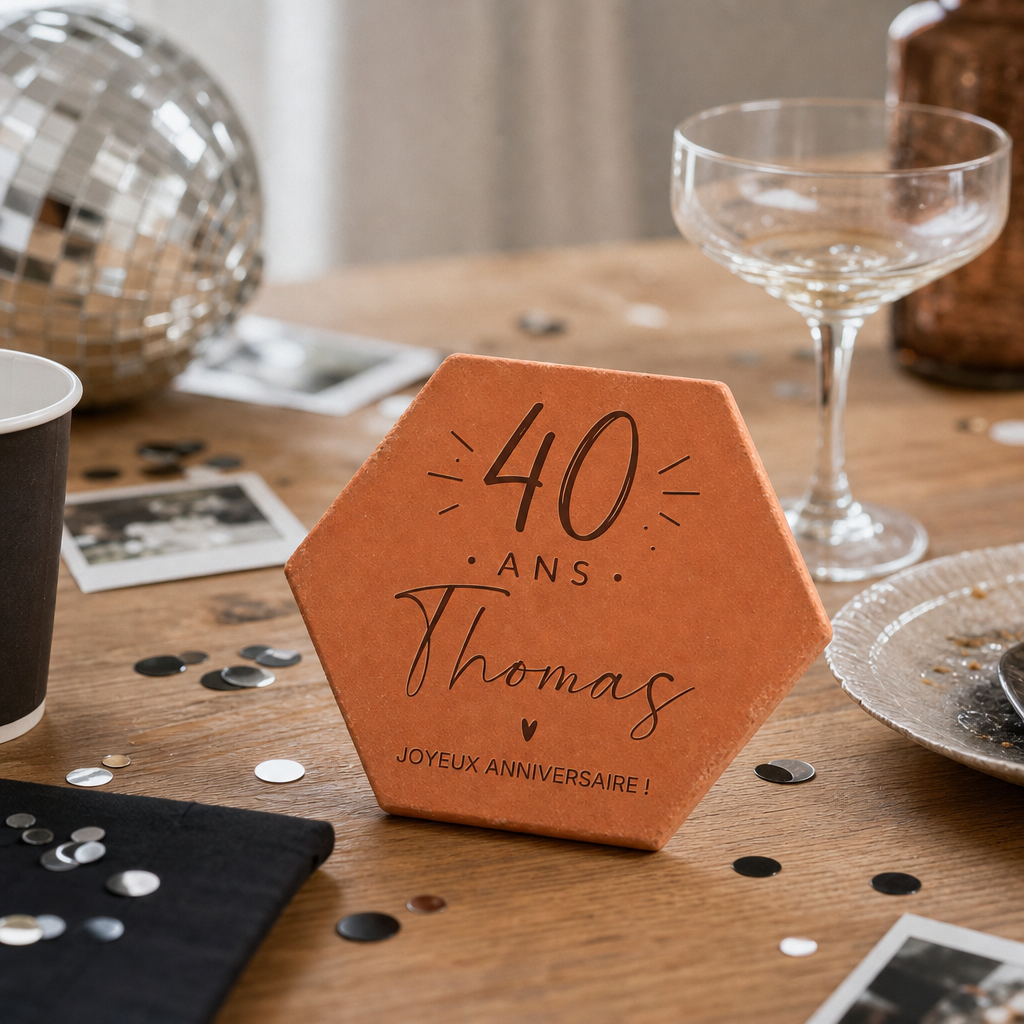 Cadeau meilleure amie 40 ans, tomette hexagonale en terre cuite de Salernes gravée au laser