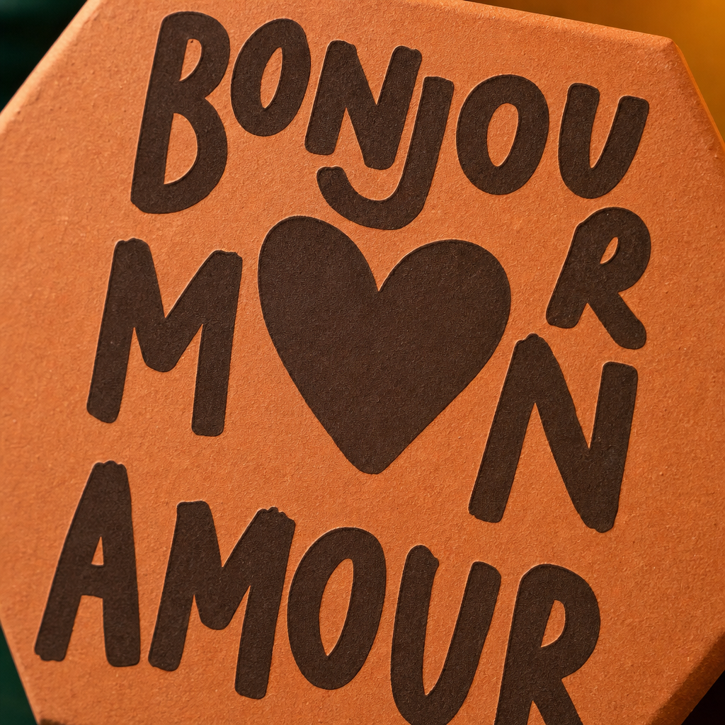 Gros plan sur les lettres Bonjour mon amour et le cœur gravés sur la tomette.