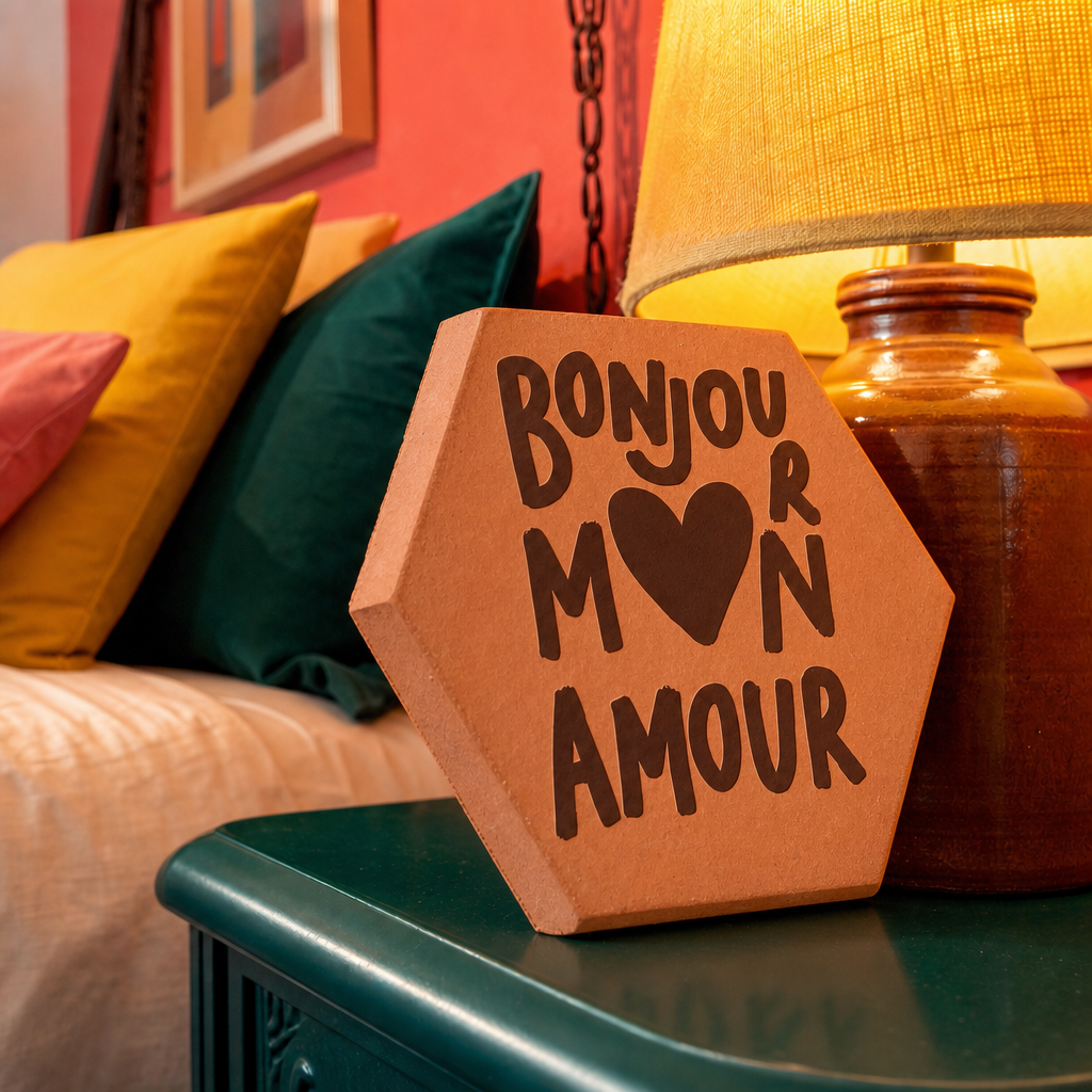 Tomette gravée « Bonjour mon amour » en grandes lettres avec cœur, vue de côté sur la table verte près d’une lampe orangée.