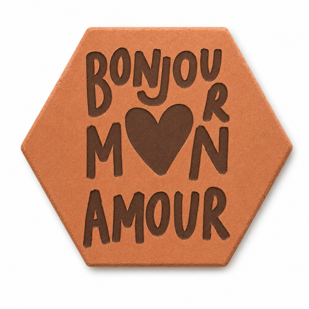 Tomette gravée « Bonjour mon amour » en grandes lettres avec cœur, sur fond blanc.